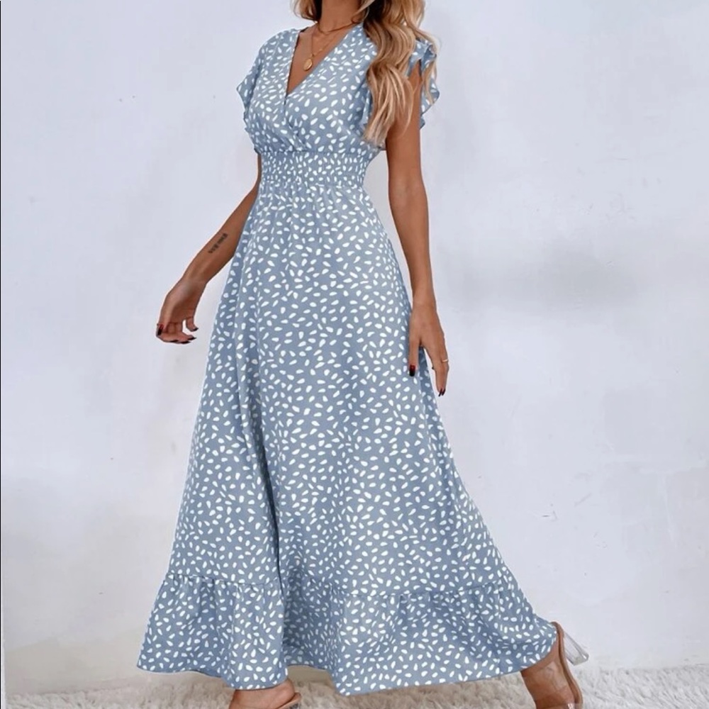 Dots ruffle trim shirred waist maxi dress mint blue - Picture 6 of 16